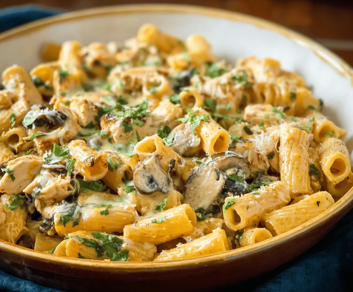 Leftover Thanksgiving turkey pasta dish garnished with herbs on a white plate.
