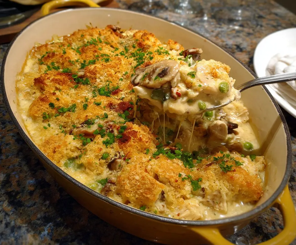 Delicious Neiman Marcus Chicken Casserole with a golden baked crust and flavorful ingredients.