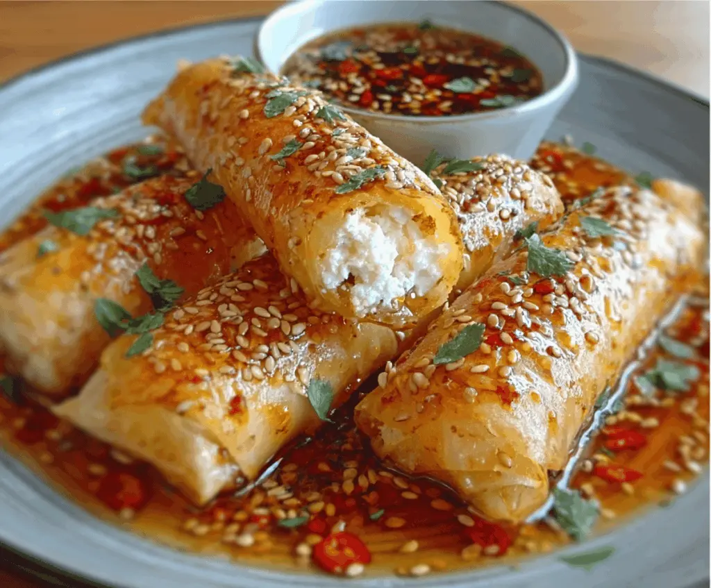 Oven Fried Feta Rolls with Chili Honey served hot, garnished with fresh herbs, perfect for appetizer or party snack.
