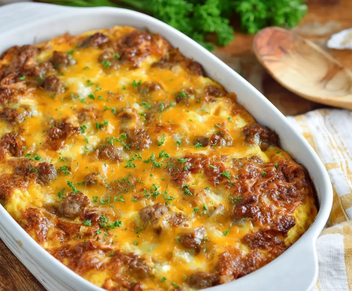 Breakfast casserole with sausage, eggs, and cheese in a baking dish ready to serve.