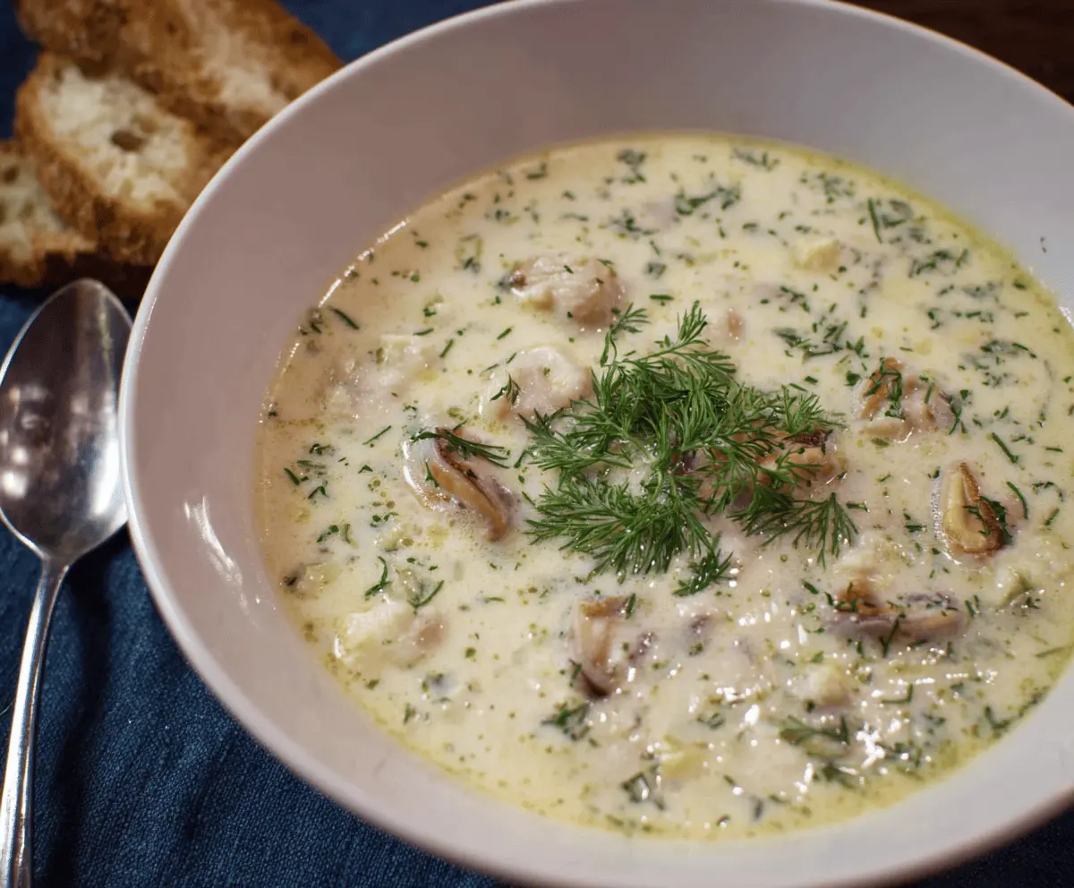Creamy oyster stew served in a rustic bowl, garnished with fresh herbs, perfect for seafood lovers.