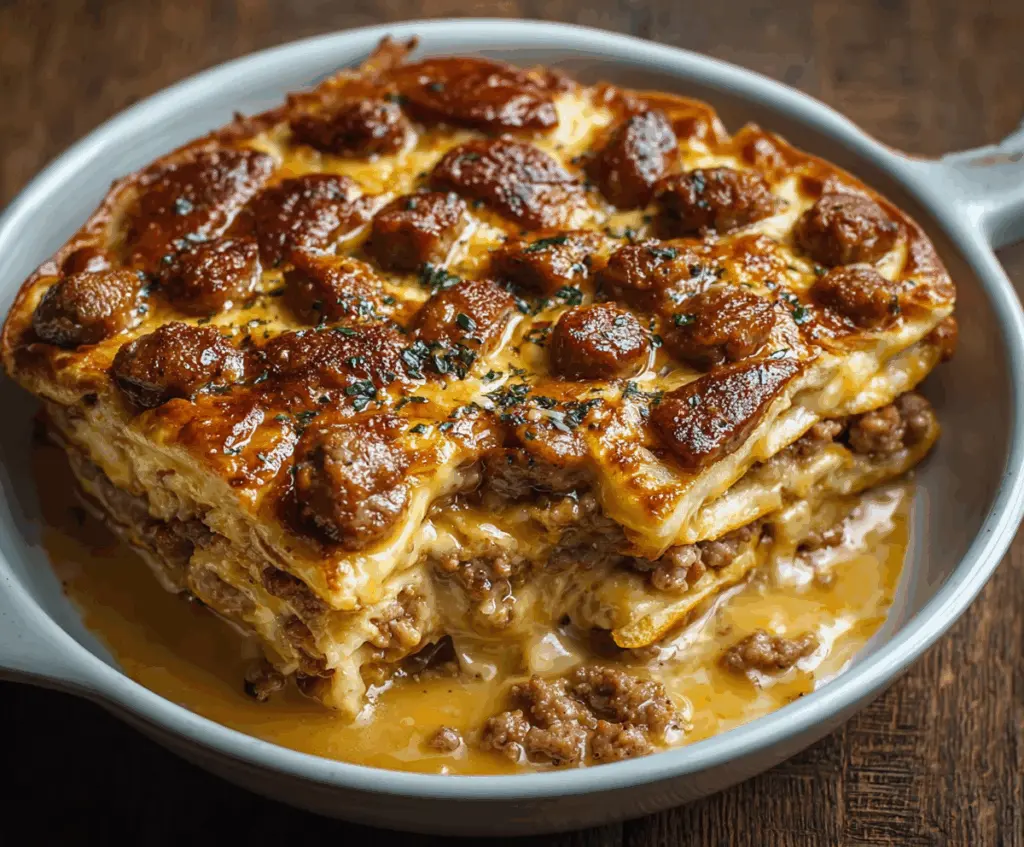 Delicious pancake sausage casserole served on a white plate, perfect for breakfast or brunch.