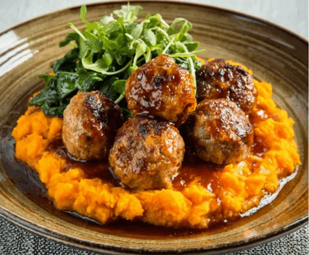 Delicious pork meatballs served with creamy sweet potato mash, perfect for a comforting meal.