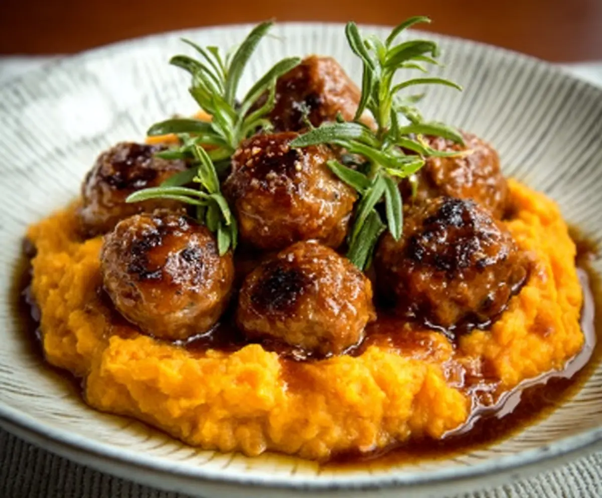 Easy Pork Meatballs with Sweet Potato Mash