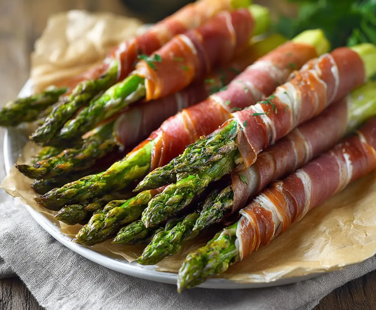 Delicious prosciutto-wrapped asparagus spears on a white plate, perfect appetizer for parties.