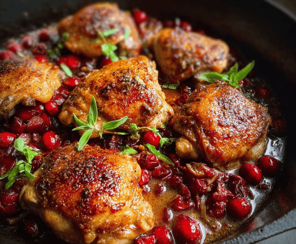 Delicious roasted cranberry chicken thighs served on a plate with fresh herbs.