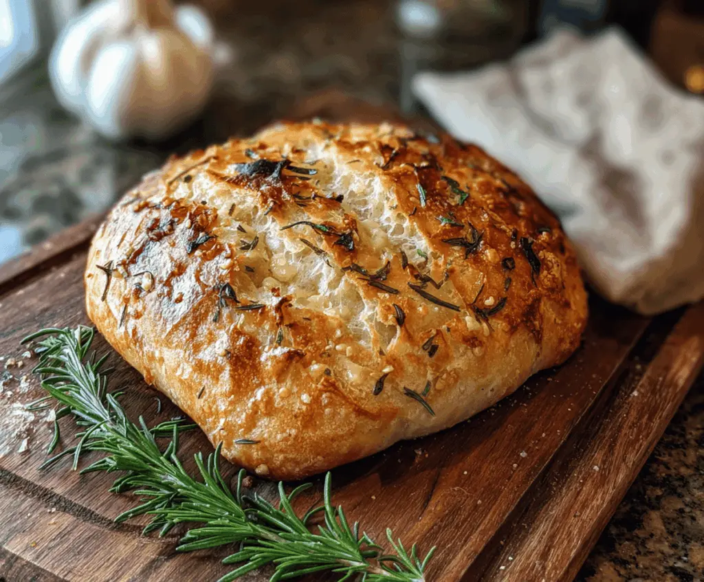 Freshly baked rustic rosemary garlic bread with a golden crust, perfect for sharing at dinner.
