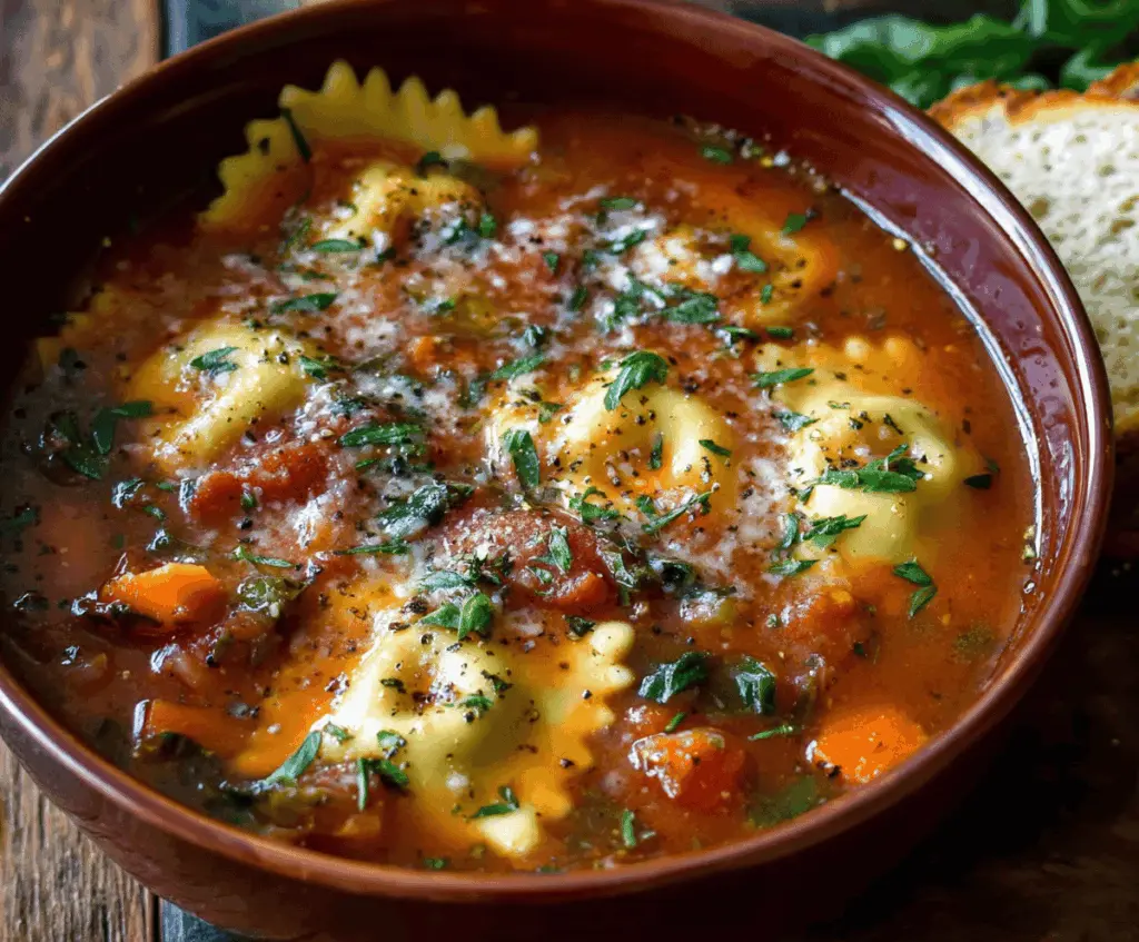 Hearty ravioli soup served in a bowl with fresh herbs, showcasing a simple and delicious one-pot meal.