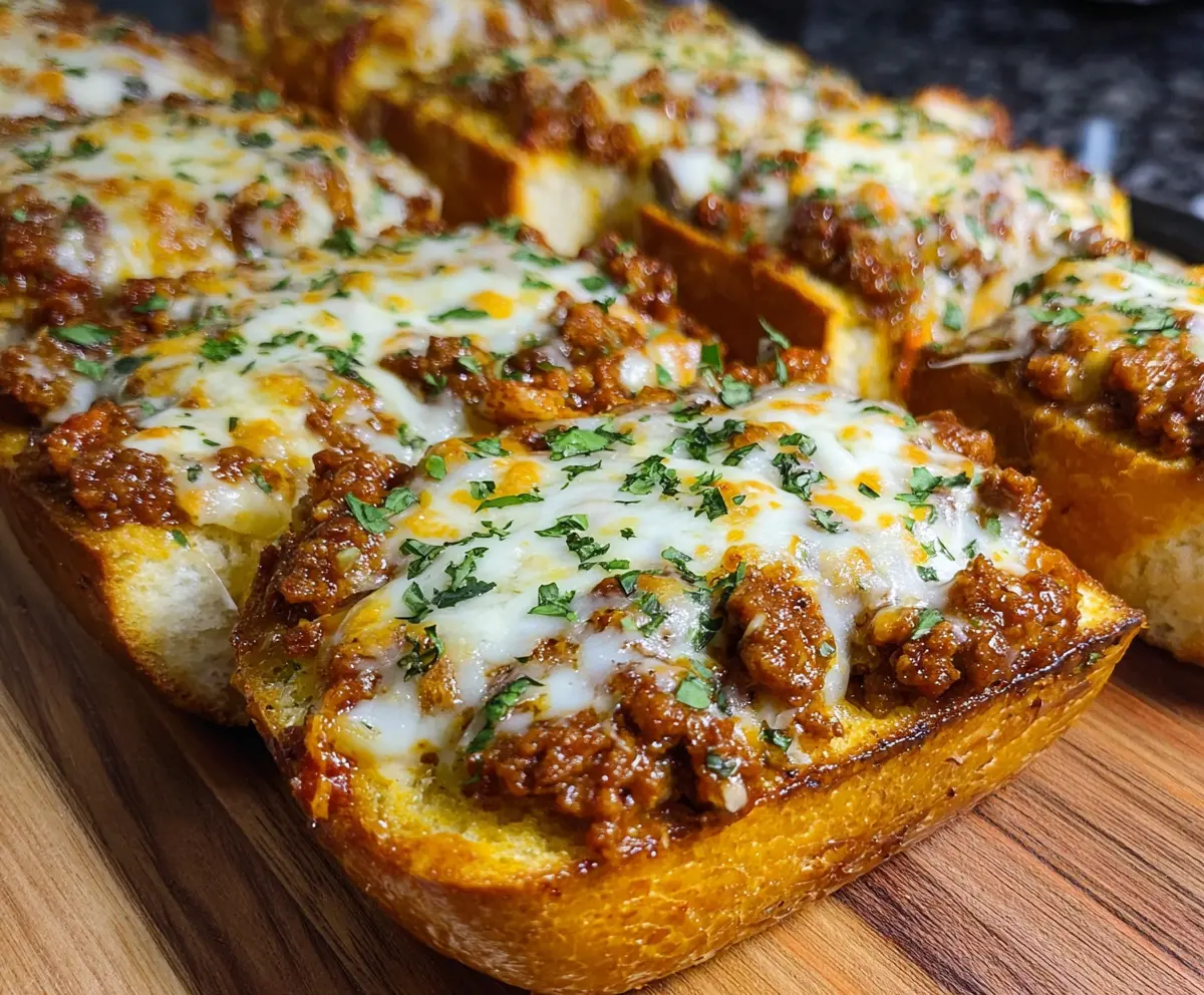 Delicious Sloppy Joe Garlic Bread served on a plate, featuring melted cheese and fresh herbs.