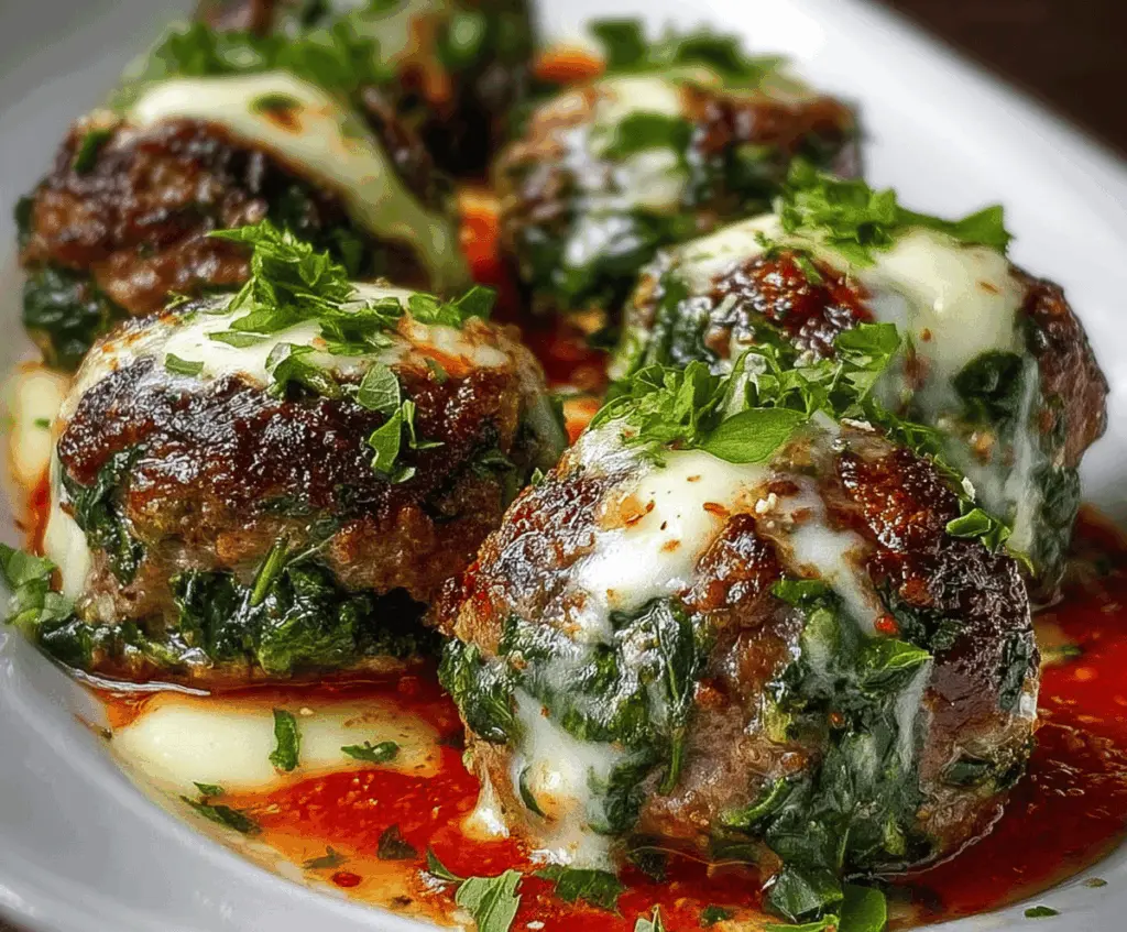 Delicious spinach and garlic meatballs stuffed with melting mozzarella cheese on a plate.