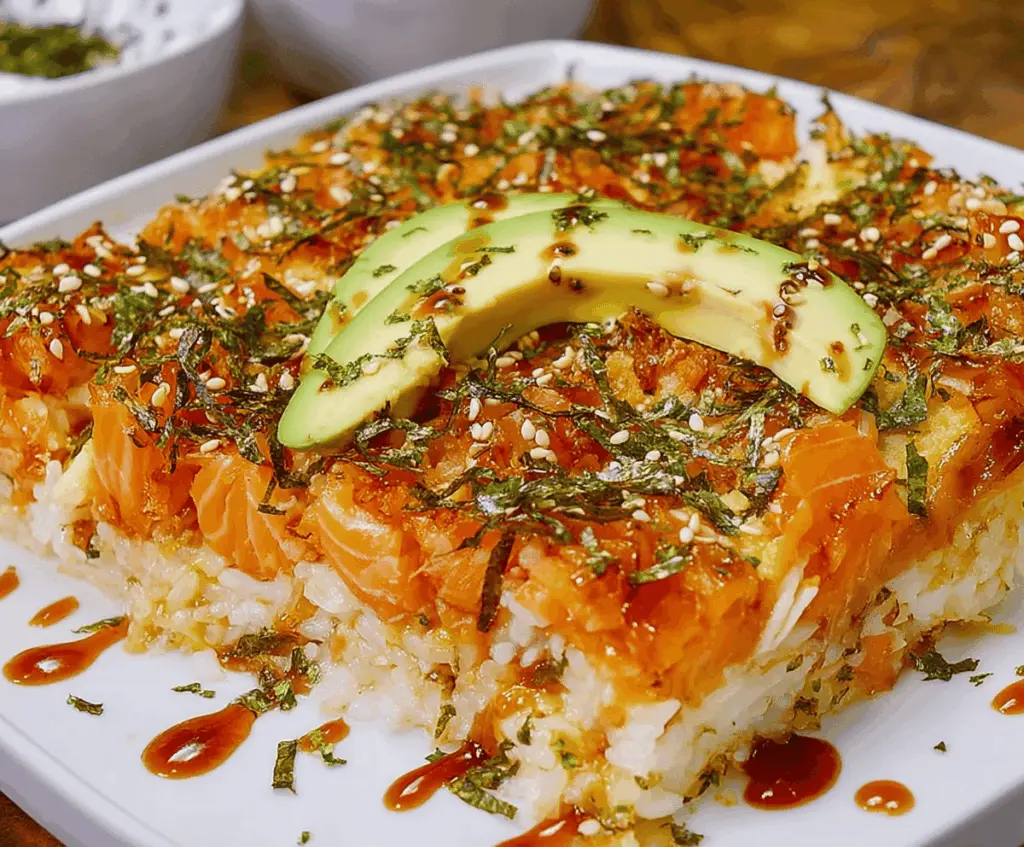 Delicious Sushi Bake with layers of rice, seafood, and spicy mayo in a baking dish