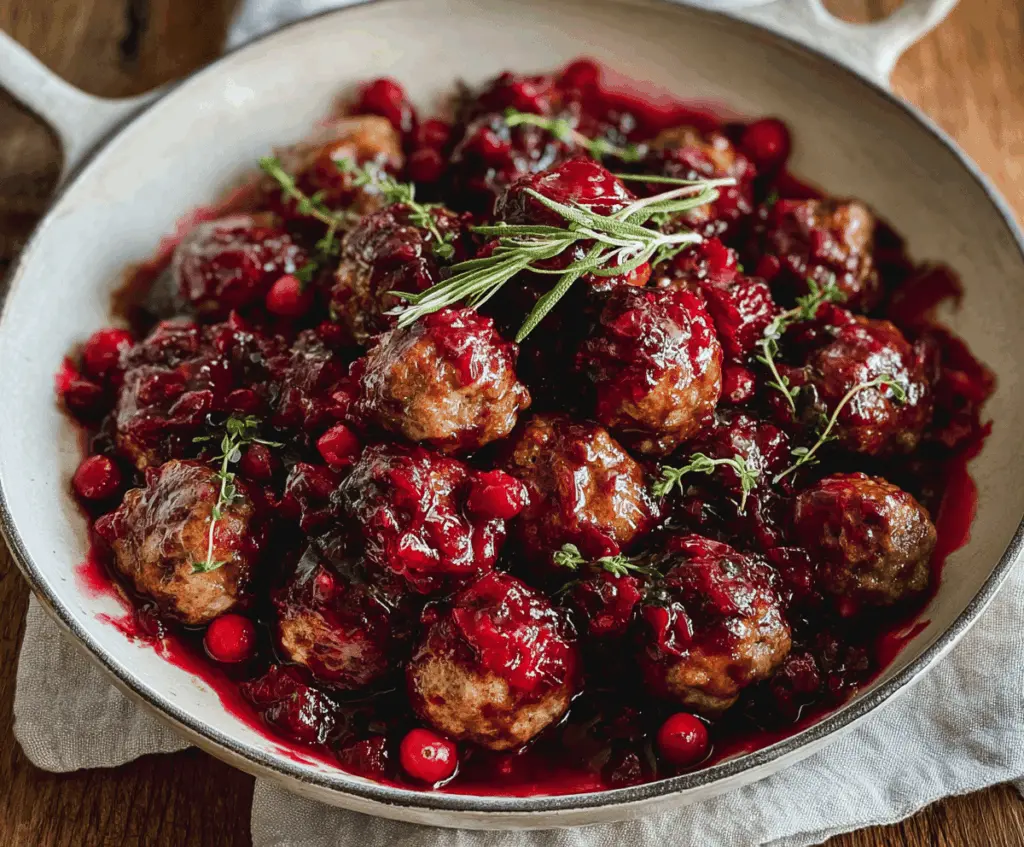 Delicious sweet and savory cranberry meatballs served on a platter for a festive appetizer.