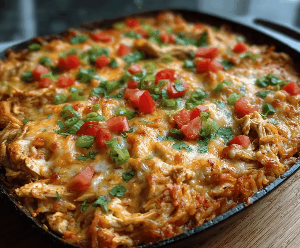 Delicious Tex-Mex Chicken Casserole with melted cheese, salsa, and seasoned chicken served in a baking dish.
