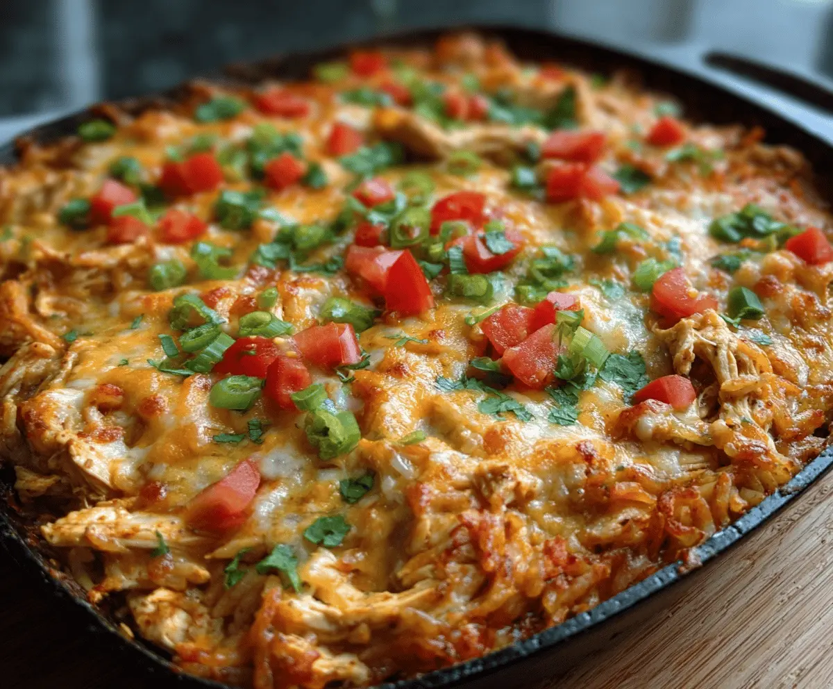 Delicious Tex-Mex Chicken Casserole with melted cheese, salsa, and seasoned chicken served in a baking dish.
