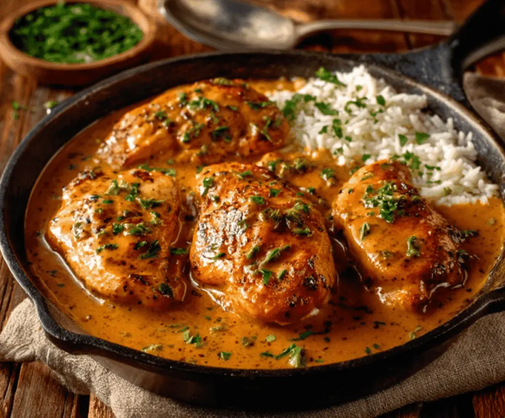 Delicious Texas Roadhouse Butter Chicken Skillet with creamy sauce and herbs served sizzling.