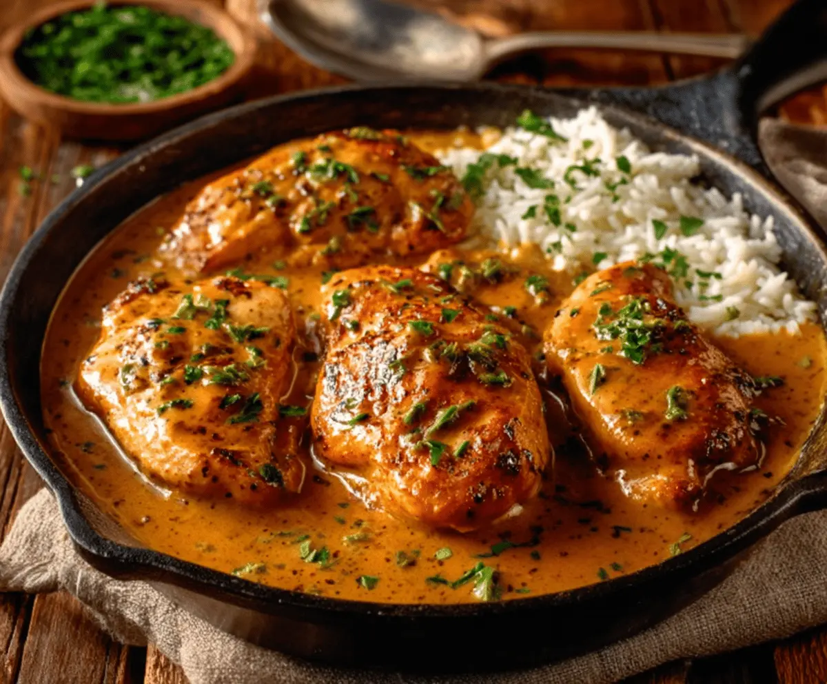 Delicious Texas Roadhouse Butter Chicken Skillet with creamy sauce and herbs served sizzling.