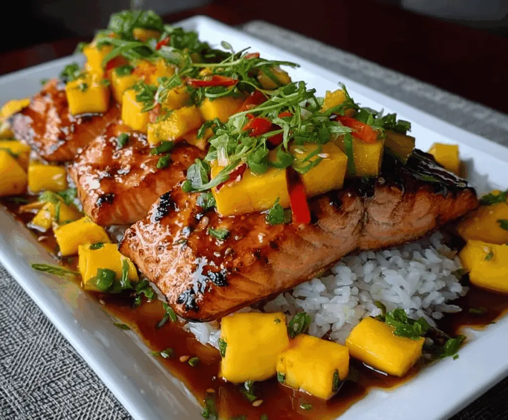 Delicious Mango Teriyaki Salmon plated with fresh mango slices and garnished with herbs.
