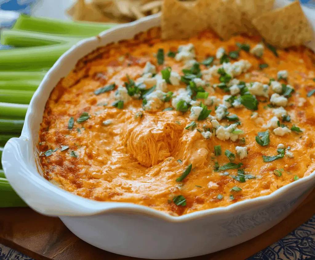 Creamy Ultimate Buffalo Chicken Dip served with celery sticks and tortilla chips, perfect for parties and game day snacks.