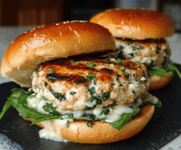 Delicious homemade white cheddar and spinach chicken burgers served on a plate.