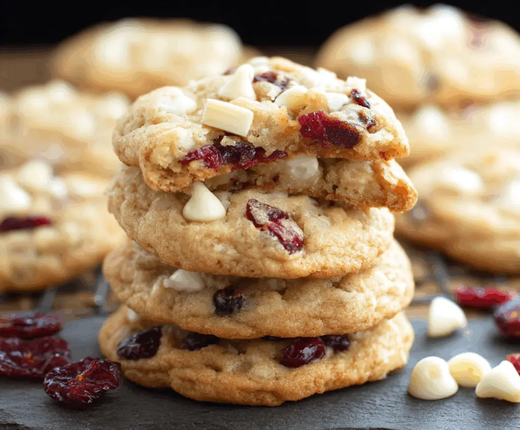 Delicious white chocolate cranberry cookies with a golden-brown crust and vibrant red cranberries.