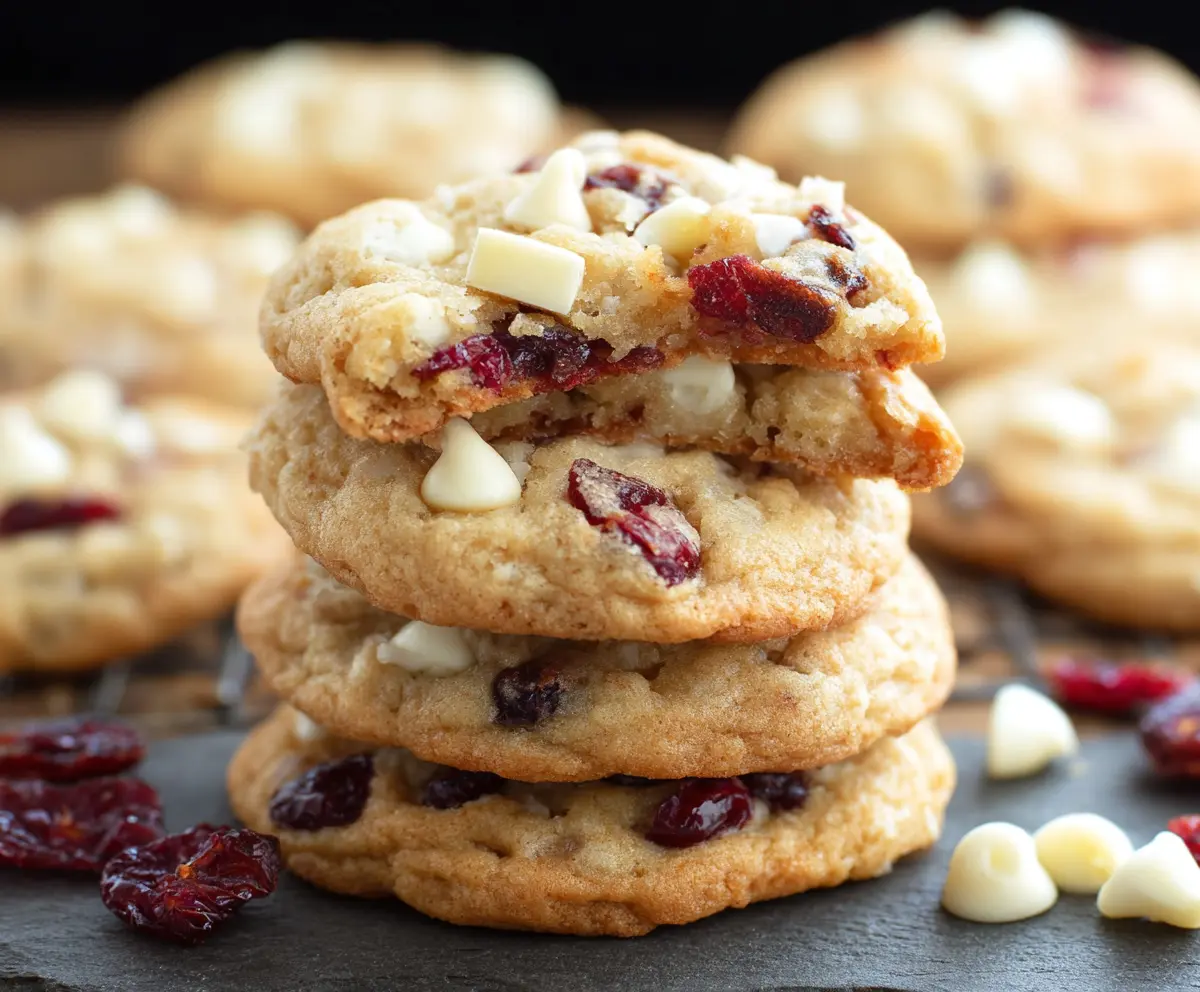 Delicious white chocolate cranberry cookies with a golden-brown crust and vibrant red cranberries.