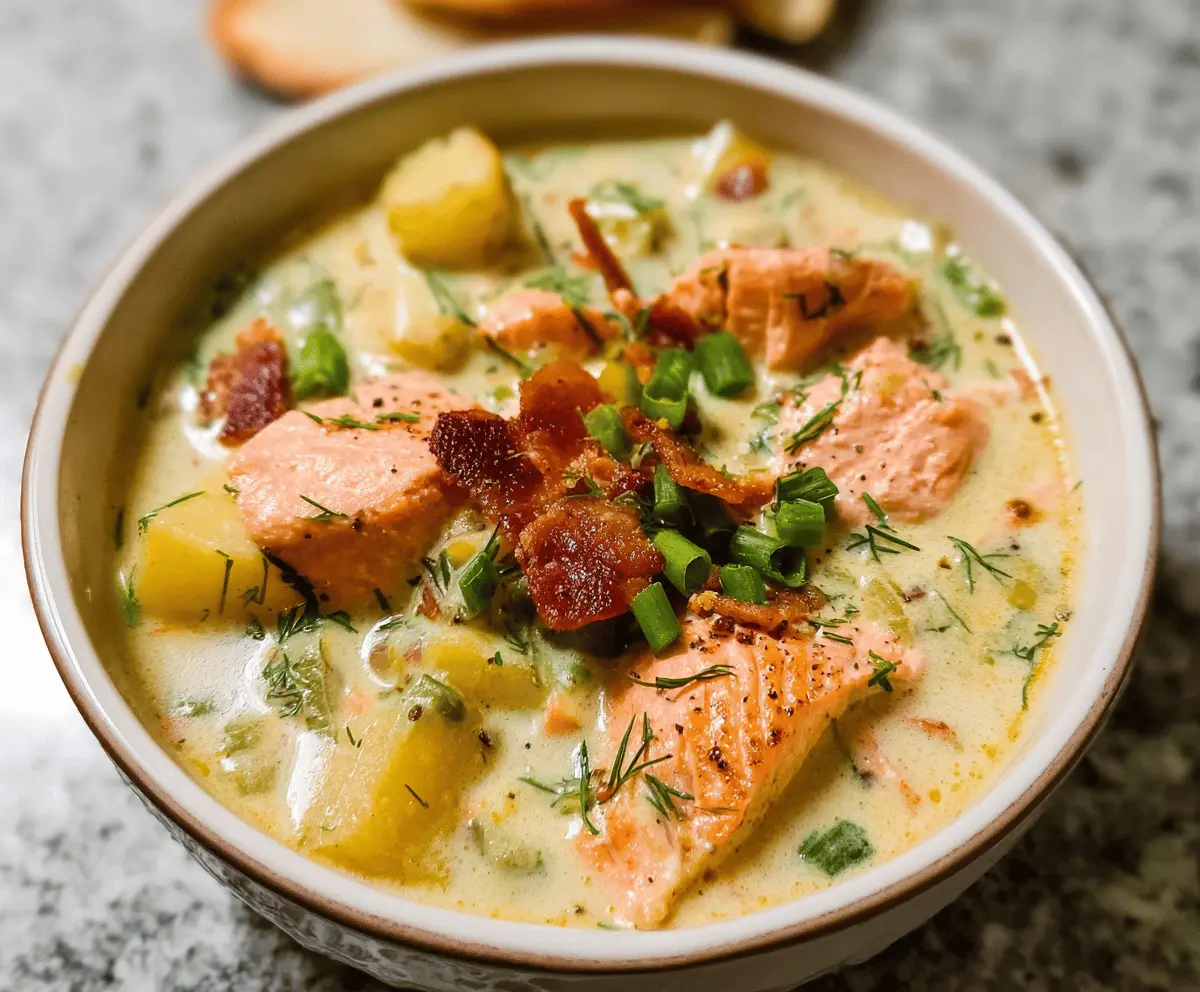 Delicious wild salmon chowder in a rustic bowl, garnished with fresh herbs and served piping hot.