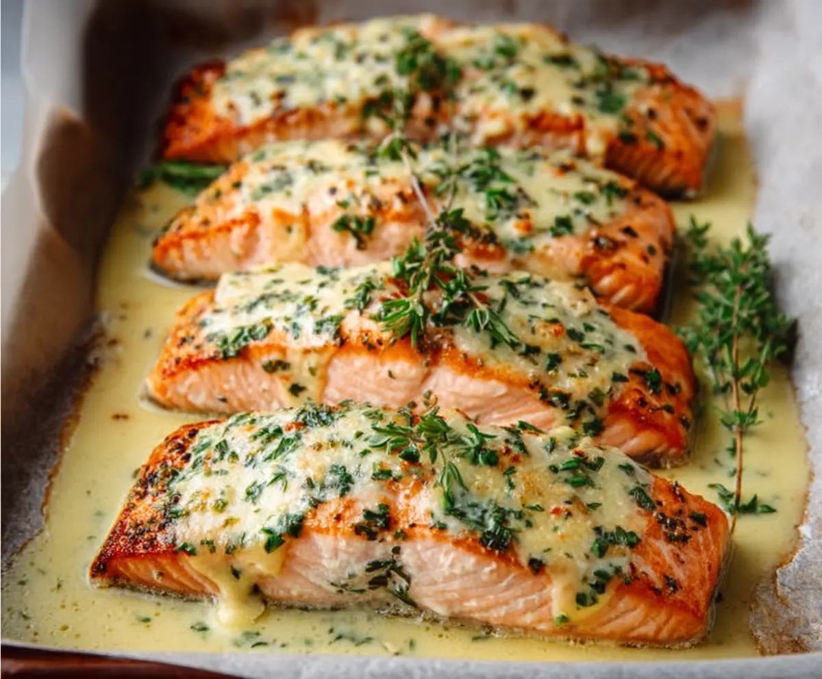 Delicious baked Boursin salmon recipe with herbs and lemon garnished on a white plate.
