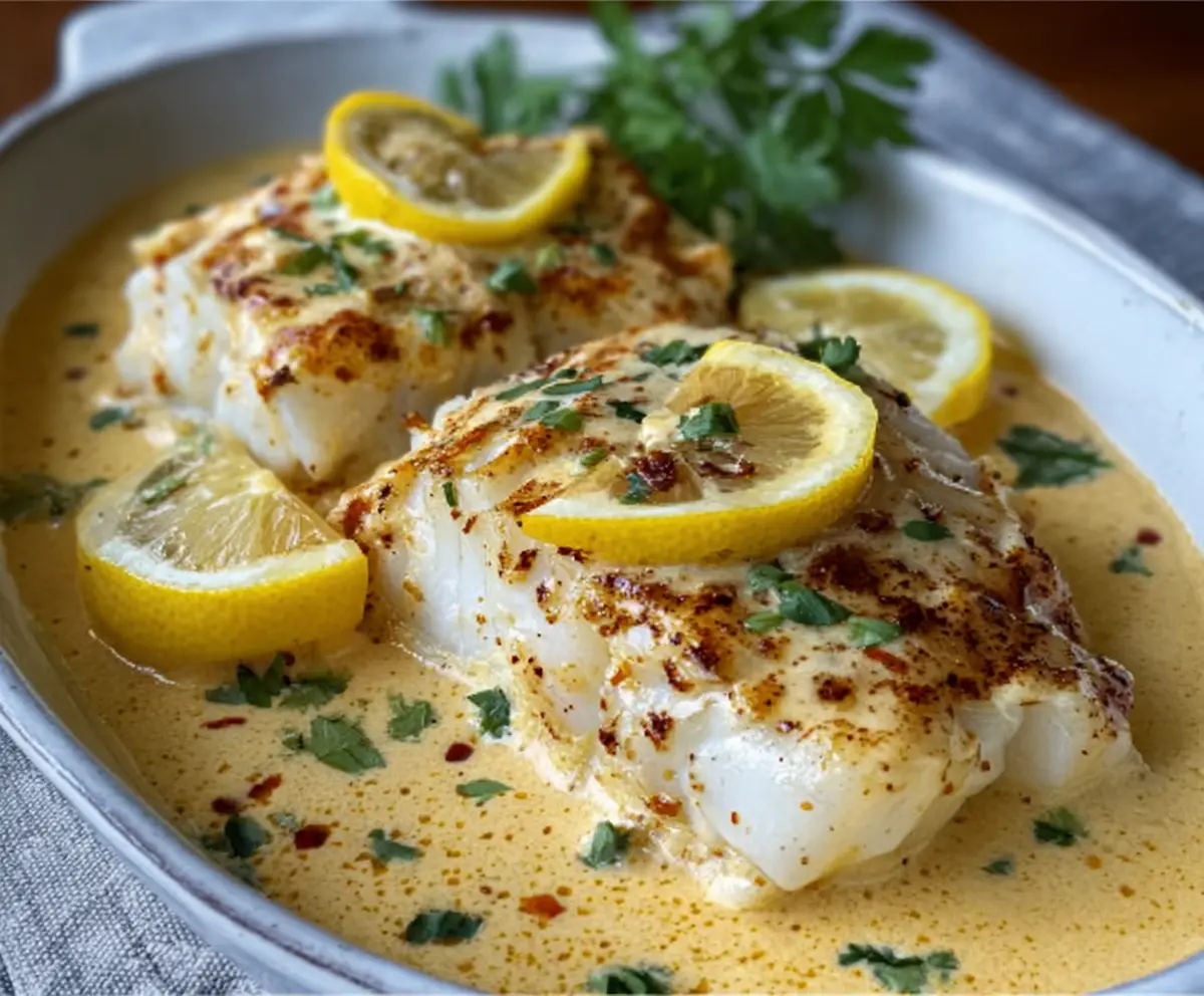 Delicious baked cod fillet topped with coconut lemon cream sauce, served on a white plate.