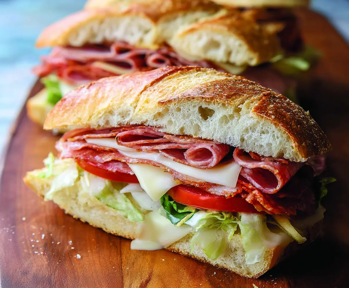 Delicious baked Italian sub sandwich with melted cheese, fresh vegetables, and savory meats on a toasted hoagie bun