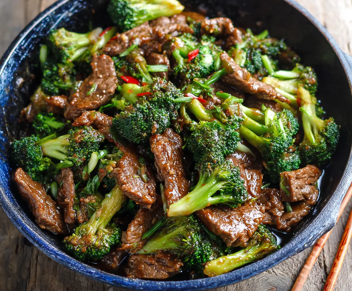 Delicious beef and broccoli stir fry with tender beef strips and fresh broccoli in a savory sauce
