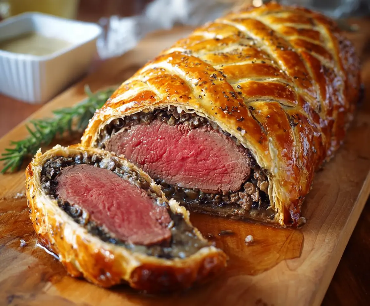 Elegant Beef Wellington with golden, flaky pastry crust and tender beef fillet inside, garnished with fresh herbs.