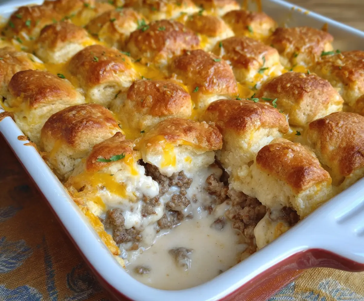 Delicious biscuits and gravy breakfast casserole with golden-brown biscuits, creamy gravy, and melty cheese served in a baking dish.