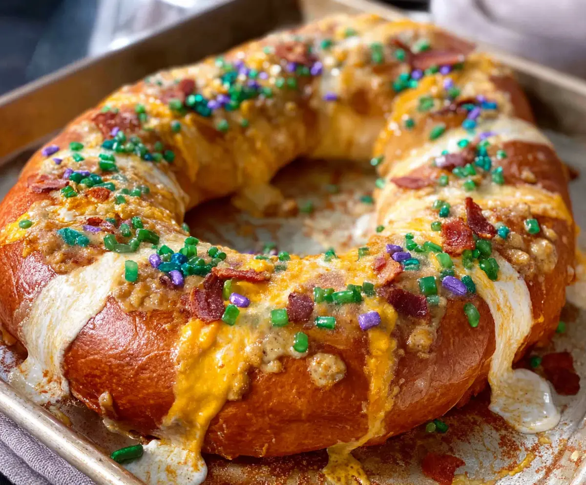Delicious Boudin King Cake with vibrant purple, green, and gold icing, showcasing its Mardi Gras celebration style.