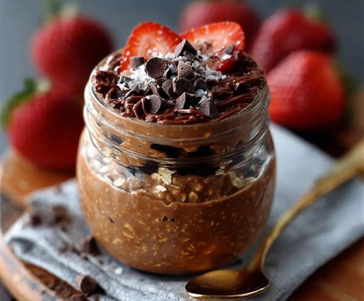 Creamy Brownie Batter Overnight Oats in a glass jar topped with chocolate chips for a delicious breakfast.