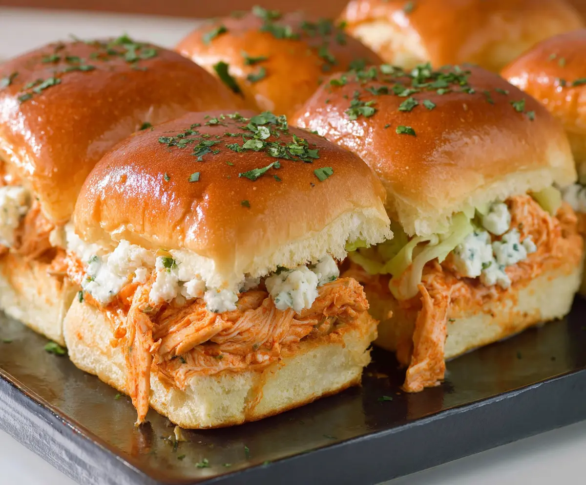 Delicious buffalo chicken sliders with spicy, tender chicken and melted cheese served on mini buns.