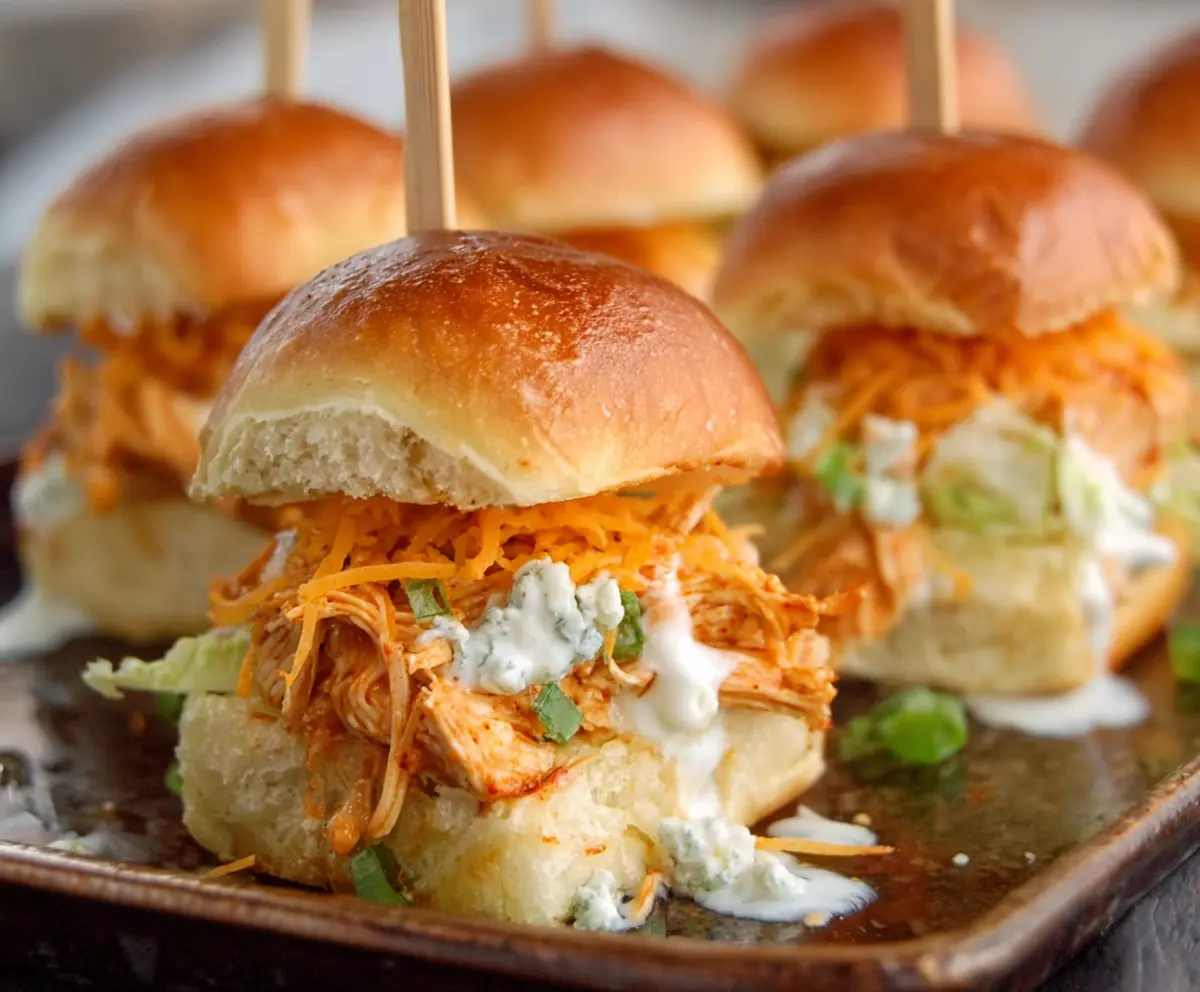 Delicious buffalo chicken sliders topped with creamy dressing and fresh herbs perfect for parties and quick snacks.