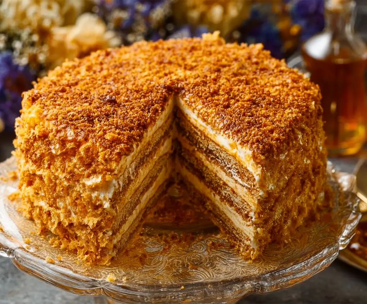 Delicious Burnt Honey Medovik layered honey cake with caramelized golden crust
