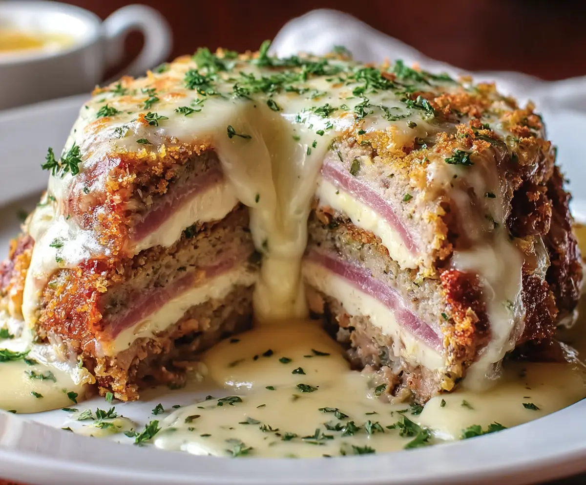 Delicious Cheesy Chicken Cordon Bleu Meatloaf displaying melted cheese and crispy coating.