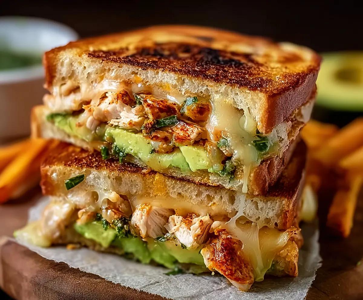 Delicious Chicken Avocado Melt Sandwich with melted cheese and fresh avocado on toasted bread.