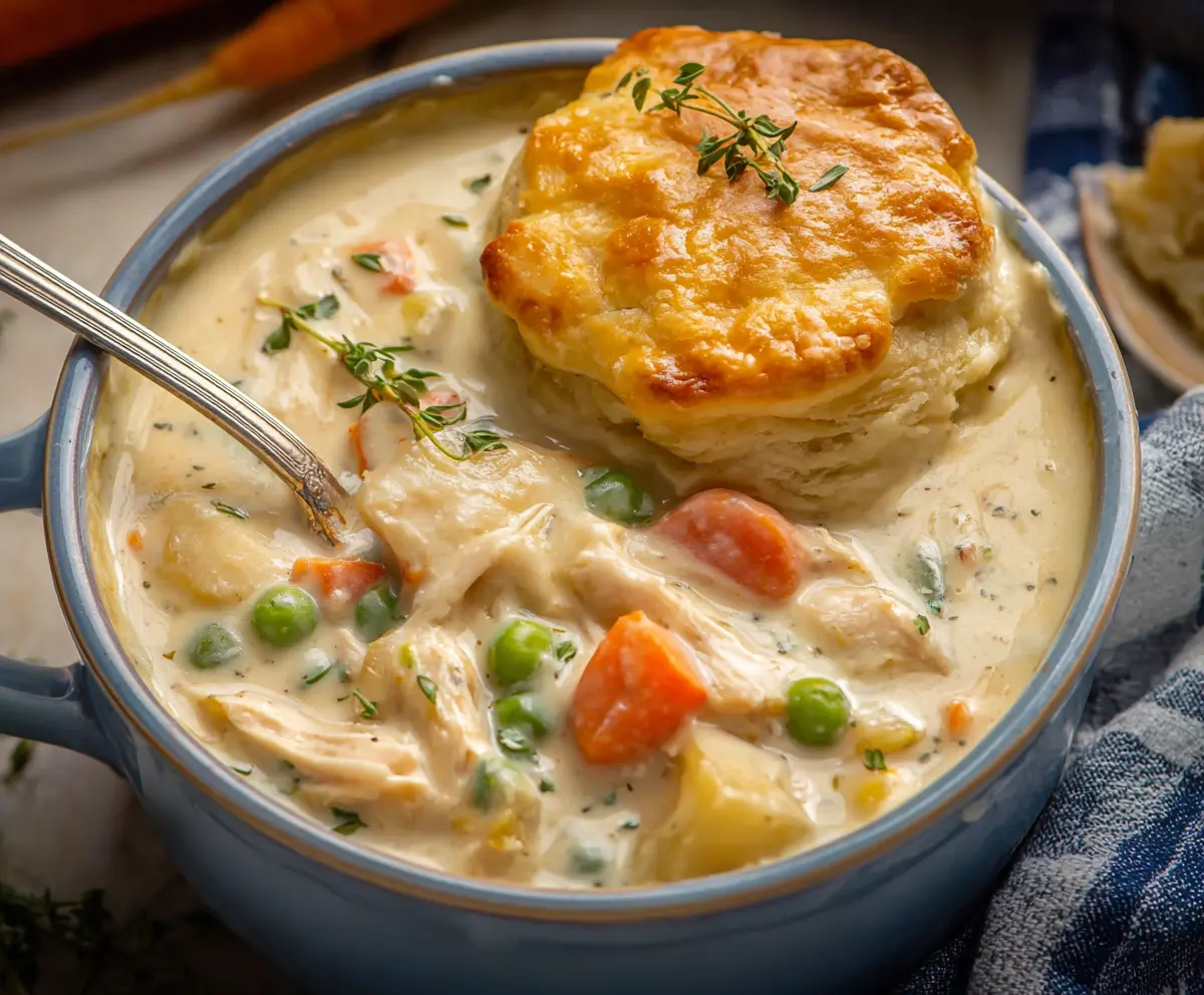 Creamy chicken pot pie soup in a bowl with vegetables and flaky crust crumbs