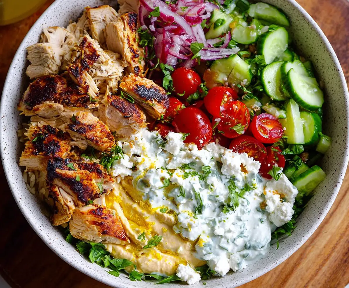 Delicious Chicken Tzatziki Bowl featuring grilled chicken, creamy tzatziki sauce, fresh vegetables, and herbs on a vibrant plate.