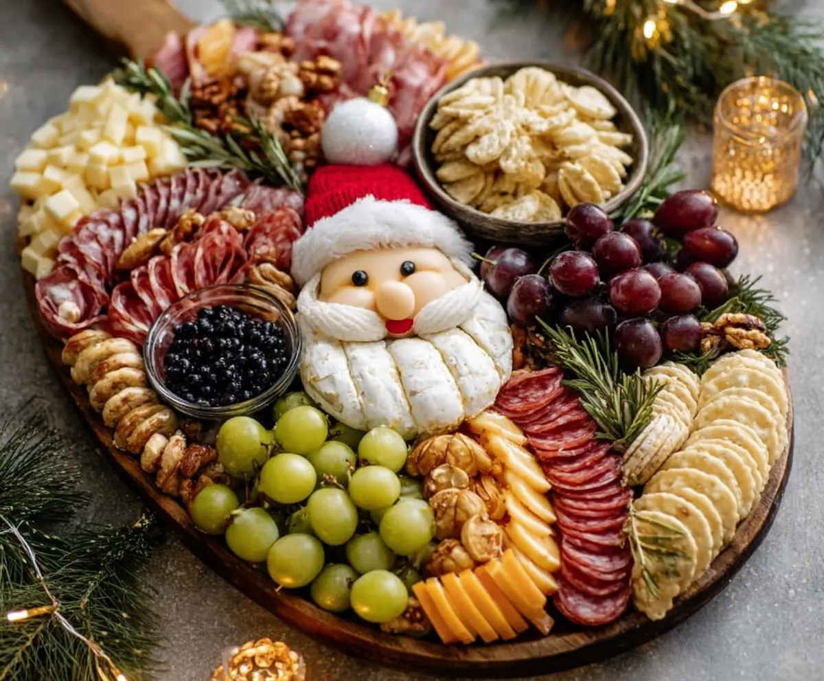 Festive Christmas charcuterie board with assorted cheeses, meats, and festive decorations for holiday celebration.