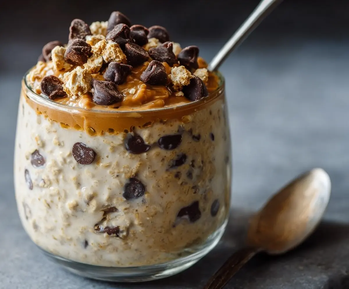 Creamy Cookie Dough Overnight Oats in a glass jar topped with chocolate chips and cookie crumbs.