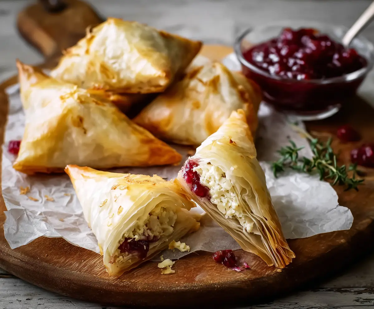 Cranberry and Brie Filo Pastries garnished with fresh herbs on a serving platter.
