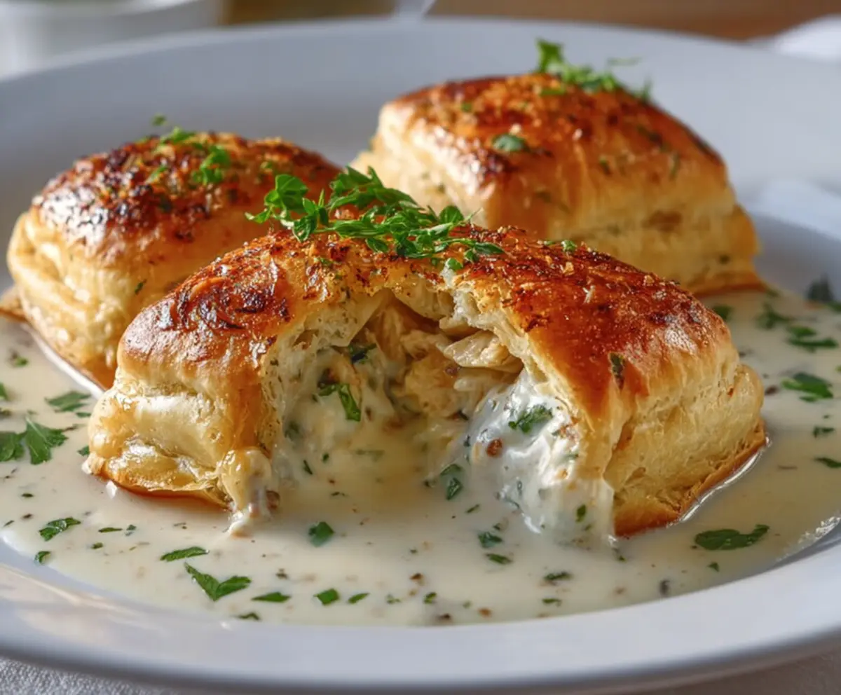 Delicious Creamy Chicken Pillows filled with tender chicken and topped with rich Parmesan sauce.