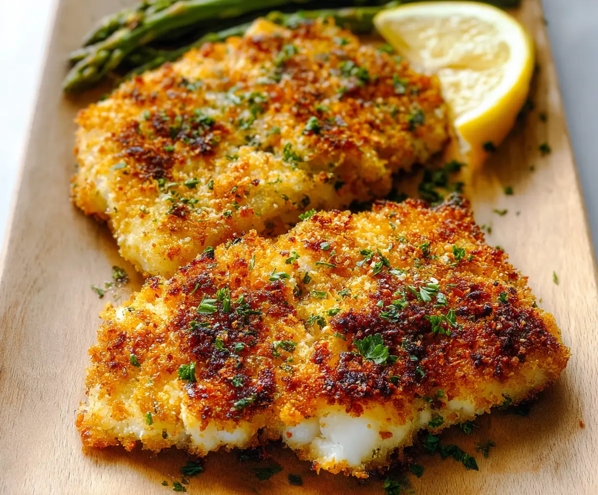 Golden crispy air fryer Parmesan cod fillet served with lemon wedges and fresh herbs.