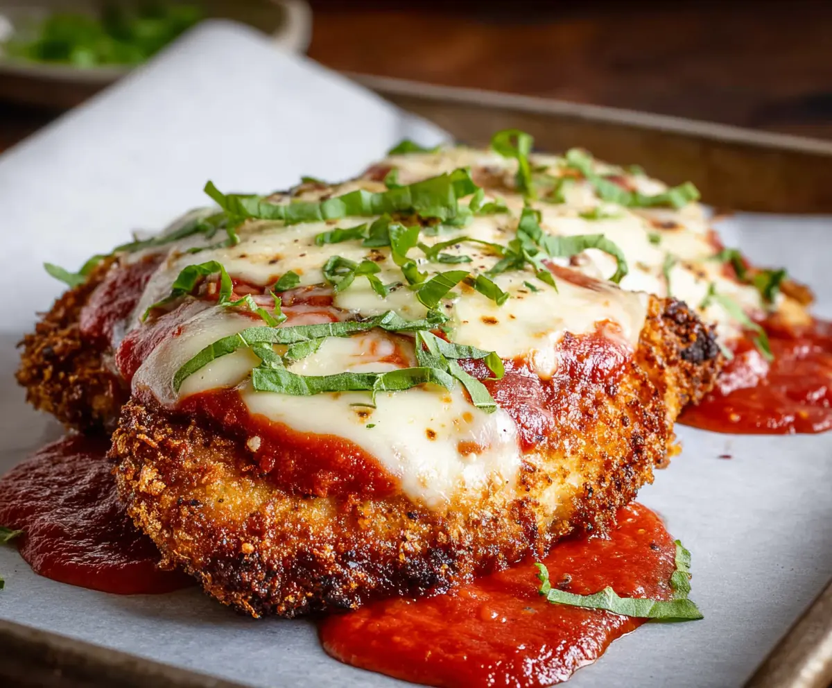 Delicious crispy chicken parmigiana topped with melted cheese and fresh basil on a plate.