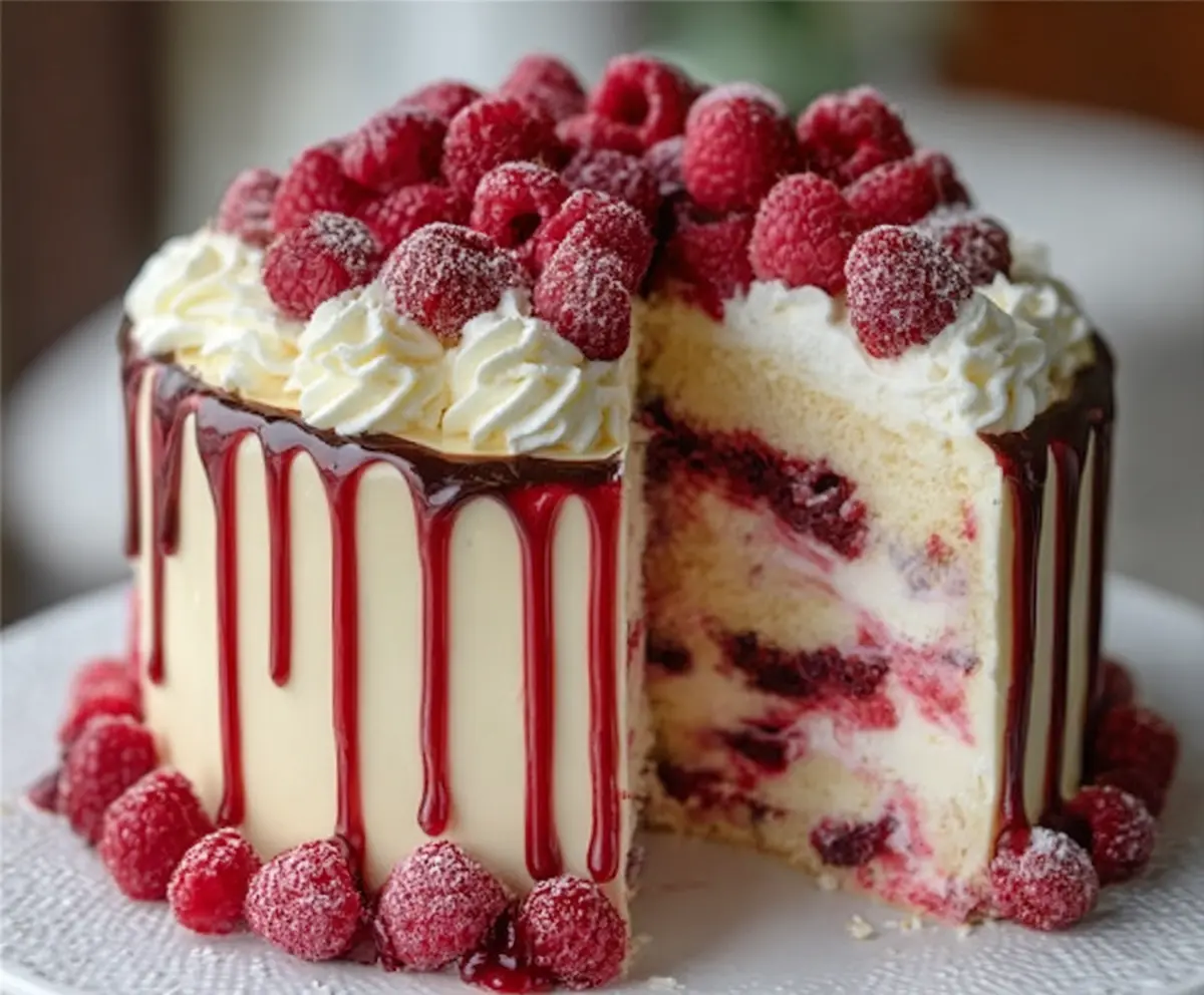 Slice of decadent white chocolate raspberry dream cake with fresh raspberries and smooth white chocolate frosting.