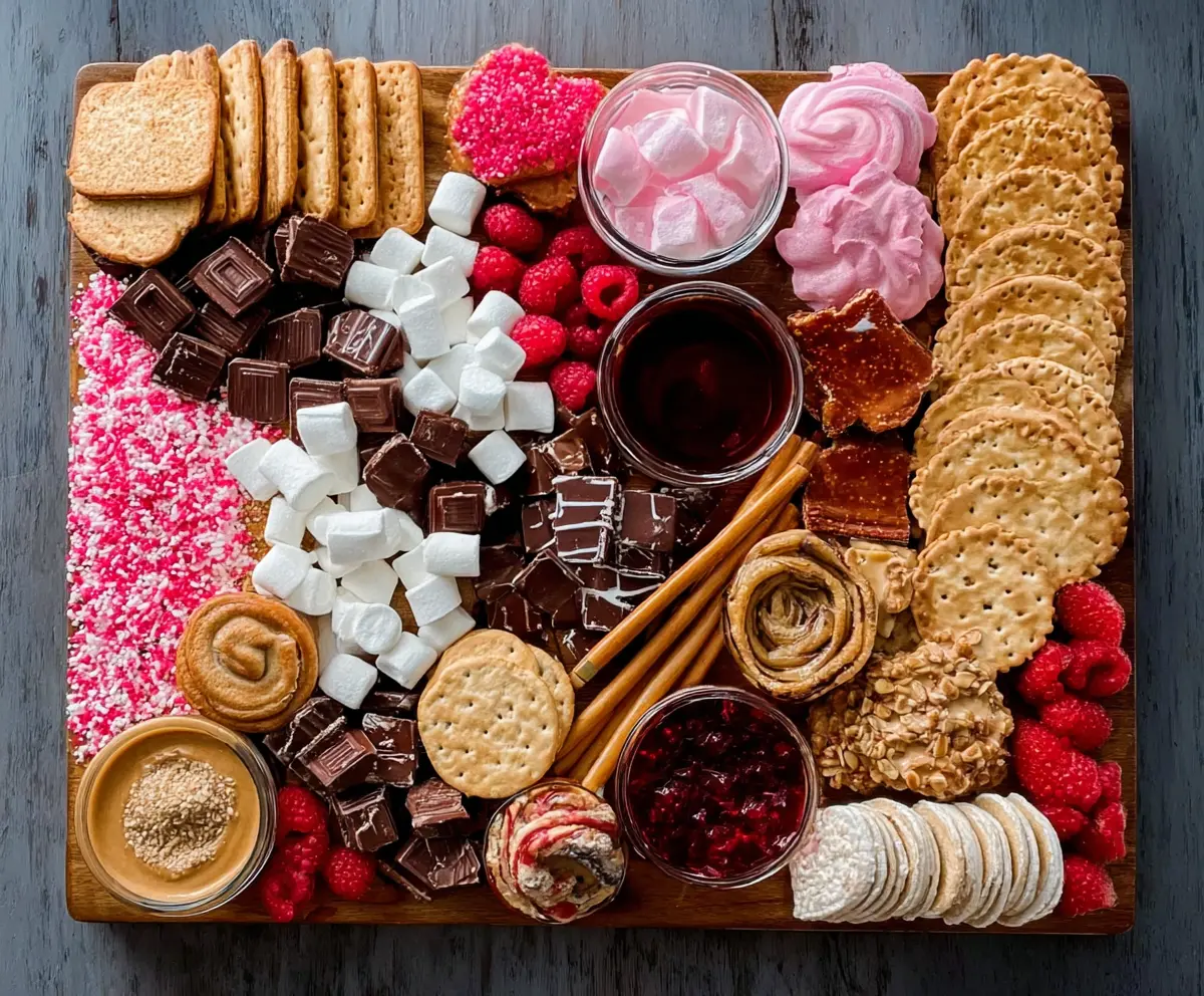 Colorful dessert charcuterie board featuring an assortment of sweet treats like chocolates, fruits, and candies for a delicious party platter.
