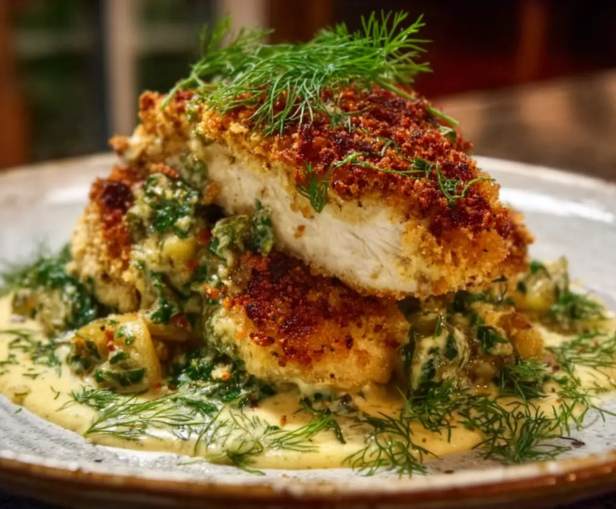 Crispy Dill Pickle Parmesan Chicken with golden-brown coating on a serving plate.